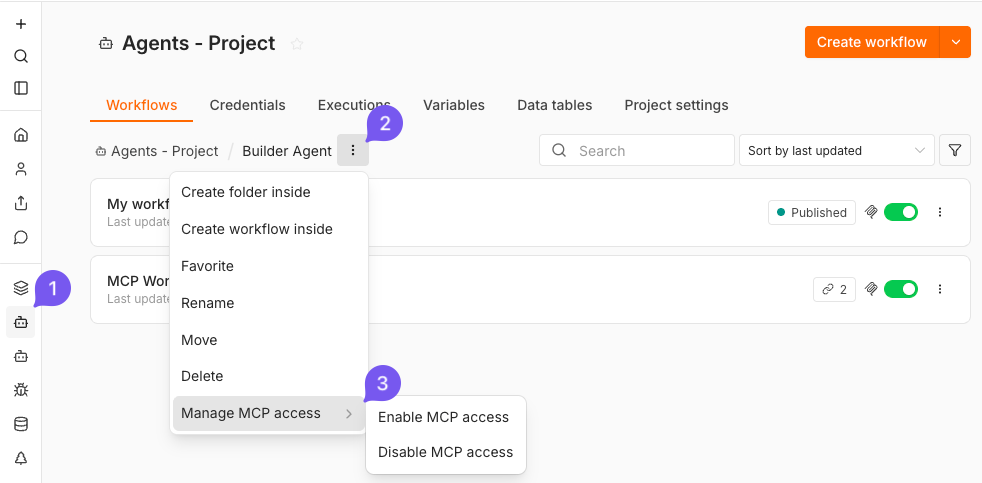 תפריט Options עם Manage MCP access פתוח, המציג את Enable MCP access ו-Disable MCP access