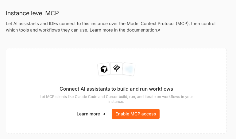 דף Instance-level MCP לפני הפעלת גישת MCP, המציג את כפתור Enable MCP access