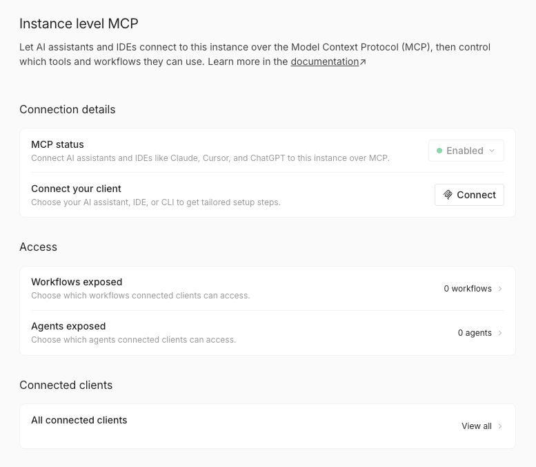 דף Instance-level MCP לאחר הפעלת גישת MCP, המציג את Connection details, Access ו-Connected clients